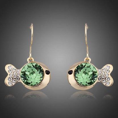 Gold Plated Green Crystal Fish Drop Earrings - KHAISTA Fashion Jewellery