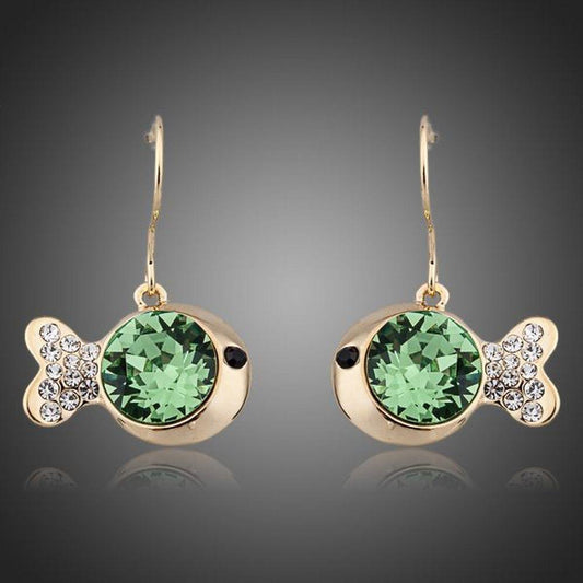 Gold Plated Green Crystal Fish Drop Earrings - KHAISTA Fashion Jewellery