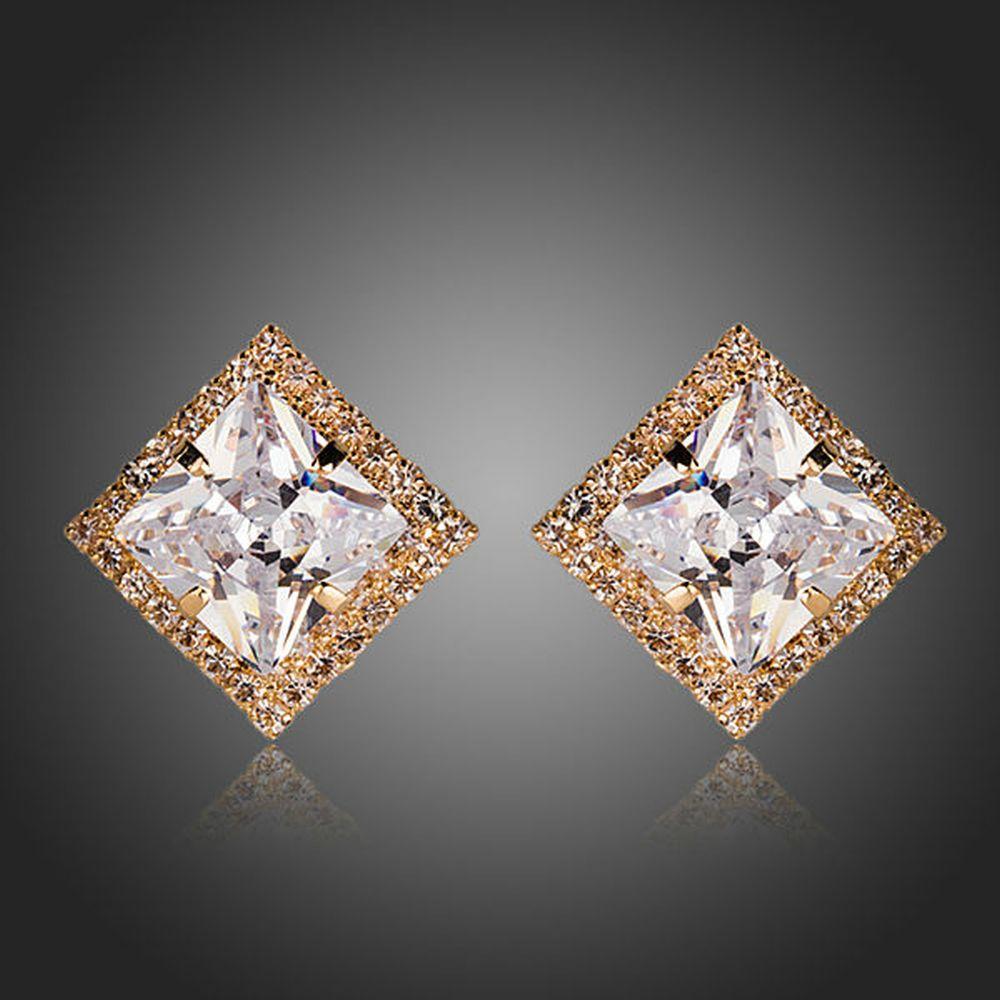 Gold Plated Square Cubic Zirconia Stud Earrings - KHAISTA Fashion Jewellery