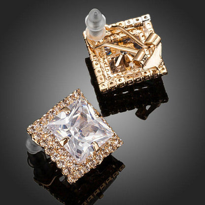 Gold Plated Square Cubic Zirconia Stud Earrings - KHAISTA Fashion Jewellery