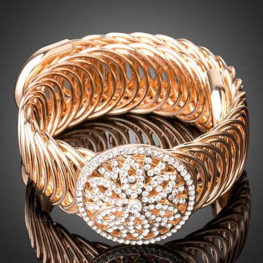 Golden Crystal Metal Hollow Circle Bangle -KBQ0083 - KHAISTA Fashion Jewelry