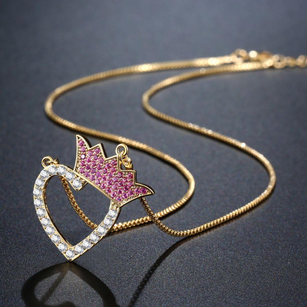 Golden Cubic Zirconia Heart Crown Necklace - KHAISTA Fashion Jewellery