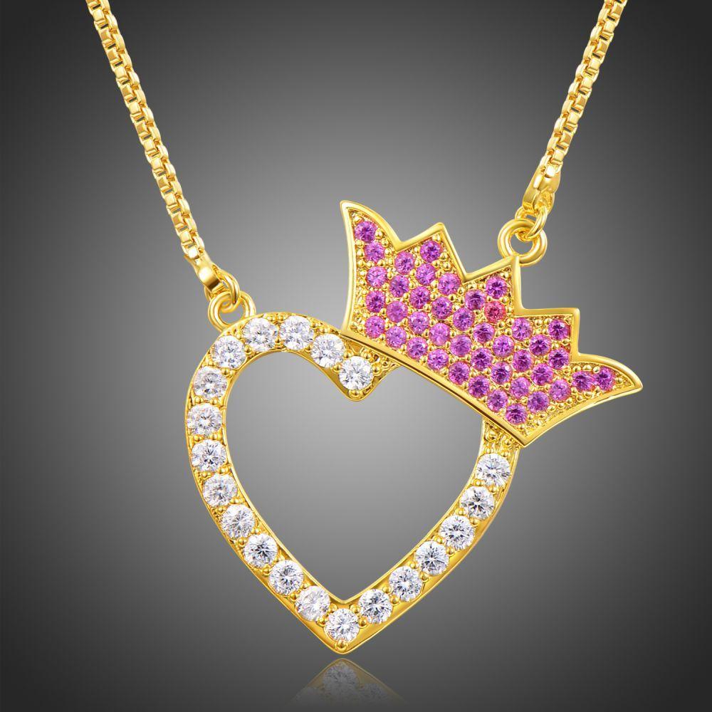 Golden Cubic Zirconia Heart Crown Necklace - KHAISTA Fashion Jewellery