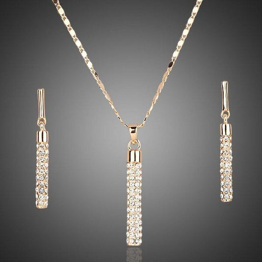 Golden Cylindrical Drop Earrings & Pendant Necklace Set - KHAISTA Fashion Jewellery