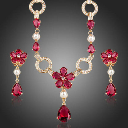 Golden Garnet Flower CZ Water Drop Jewelry Set - KHAISTA Fashion Jewellery