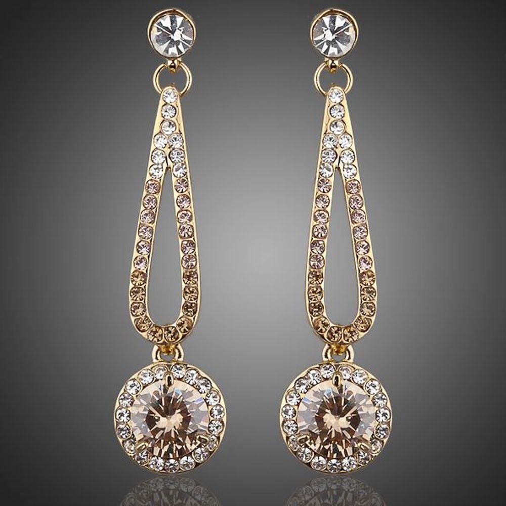 Golden Round Cubic Zirconia Drop Earrings -KPE0048 - KHAISTA Fashion Jewellery