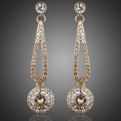 Golden Round Cubic Zirconia Drop Earrings -KPE0048 - KHAISTA Fashion Jewellery