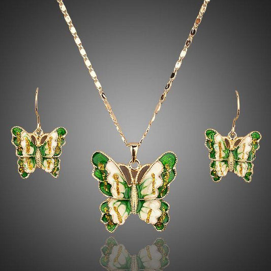 Green Butterfly Drop Earrings + Chain Necklace Set - KHAISTA Fashion Jewellery