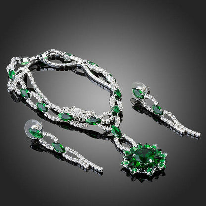 Green Cubic Zirconia Flower Necklace + Drop Earrings Set - KHAISTA Fashion Jewellery