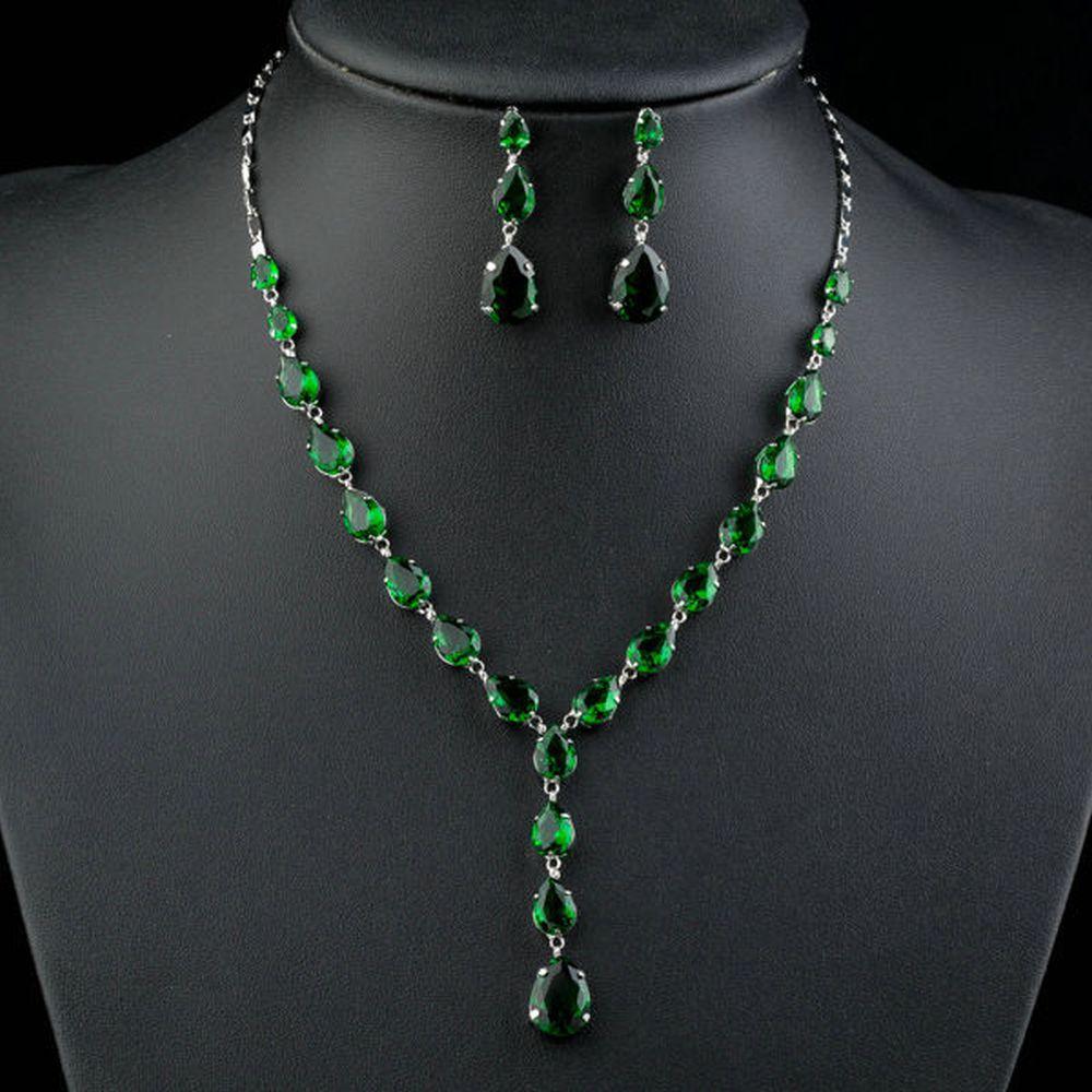 Green Cubic Zirconia Tear Drop Pendant Necklace and Earrings Set - KHAISTA Fashion Jewellery