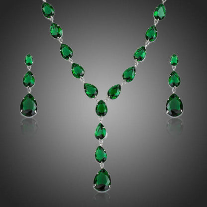 Green Cubic Zirconia Tear Drop Pendant Necklace and Earrings Set - KHAISTA Fashion Jewellery