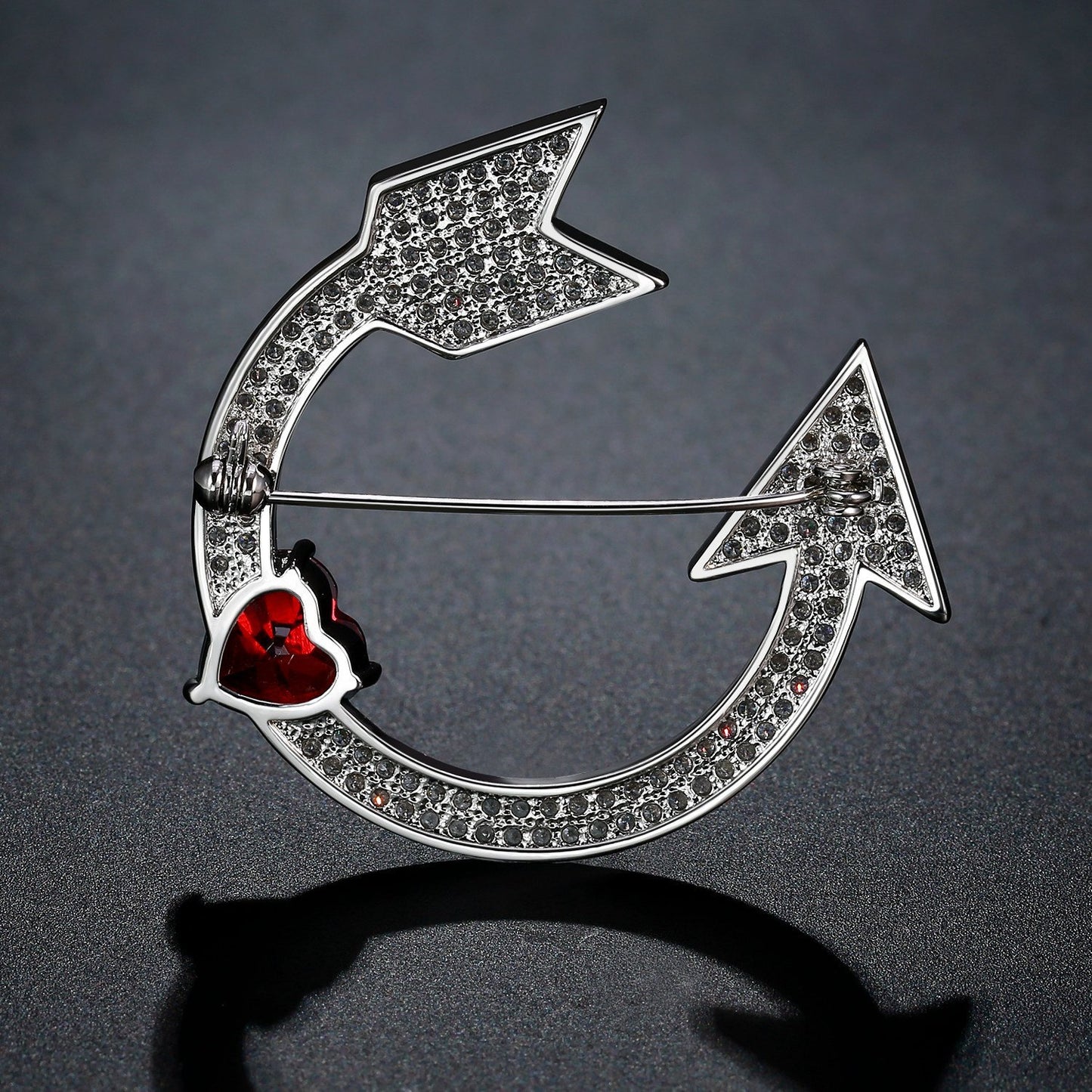 Heart Cut Red Cubic Zirconia Arrow Brooch - KHAISTA Fashion Jewellery