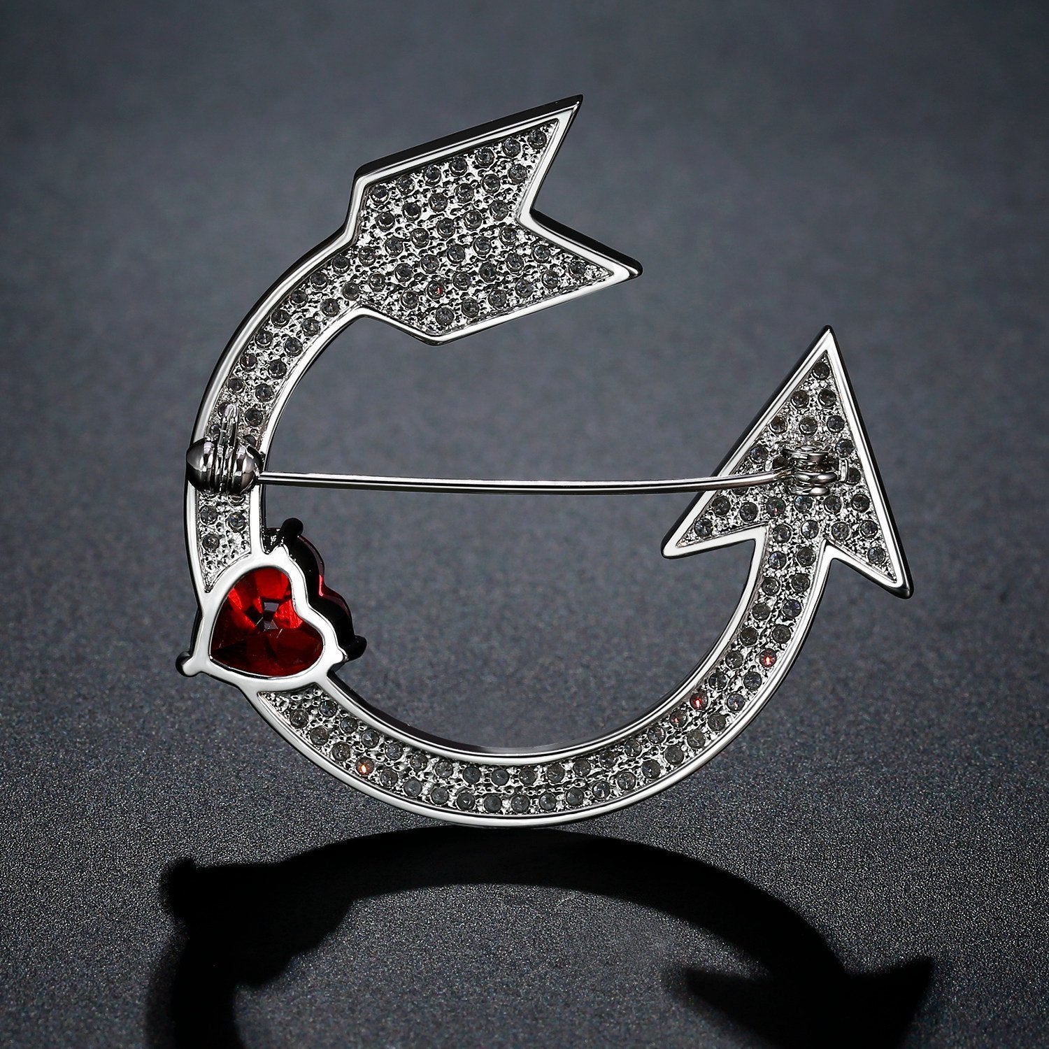 Heart Cut Red Cubic Zirconia Arrow Brooch - KHAISTA Fashion Jewellery