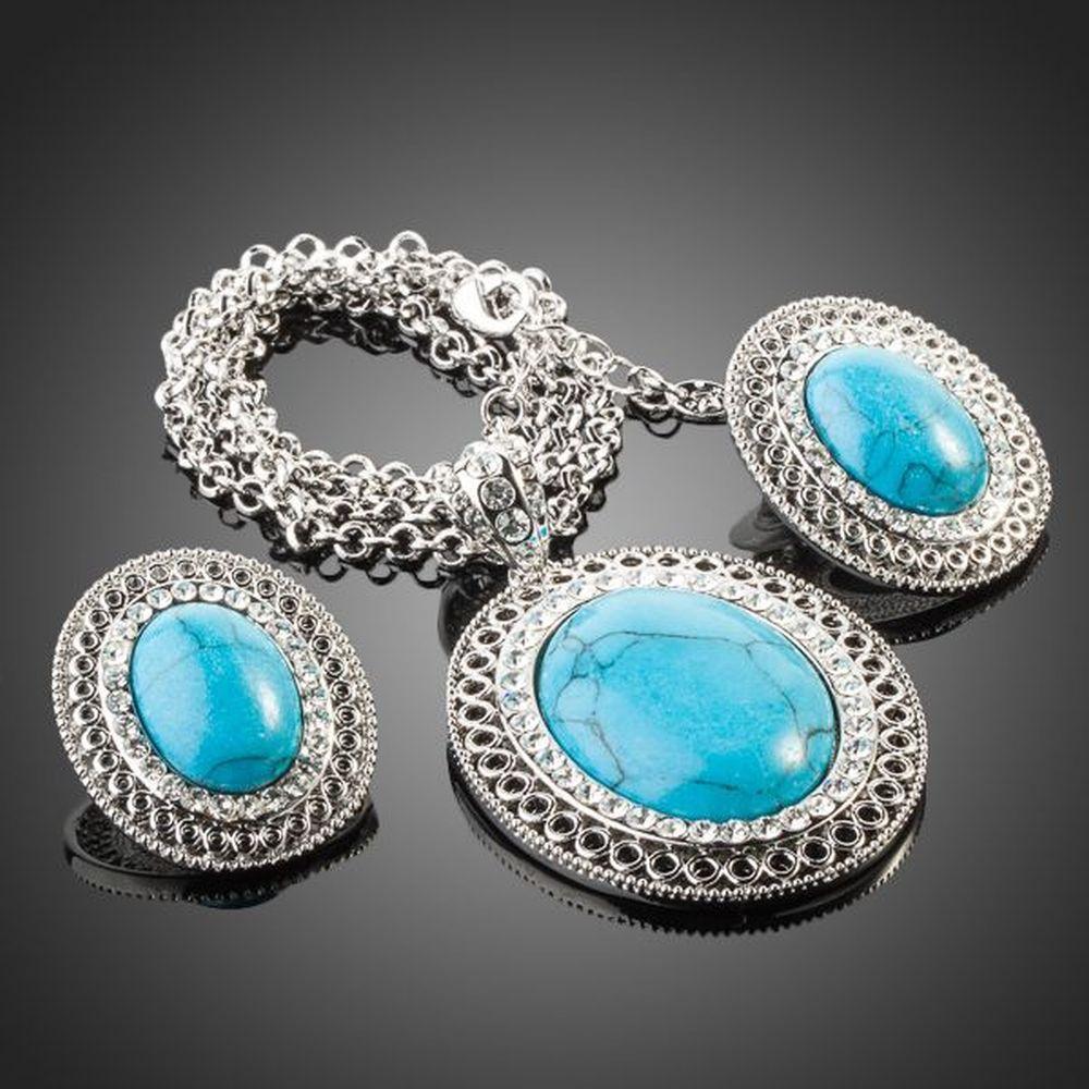 Lime Blue Round Turquoise Ellipse Pendant Necklace + Stud Earring Set - KHAISTA Fashion Jewellery