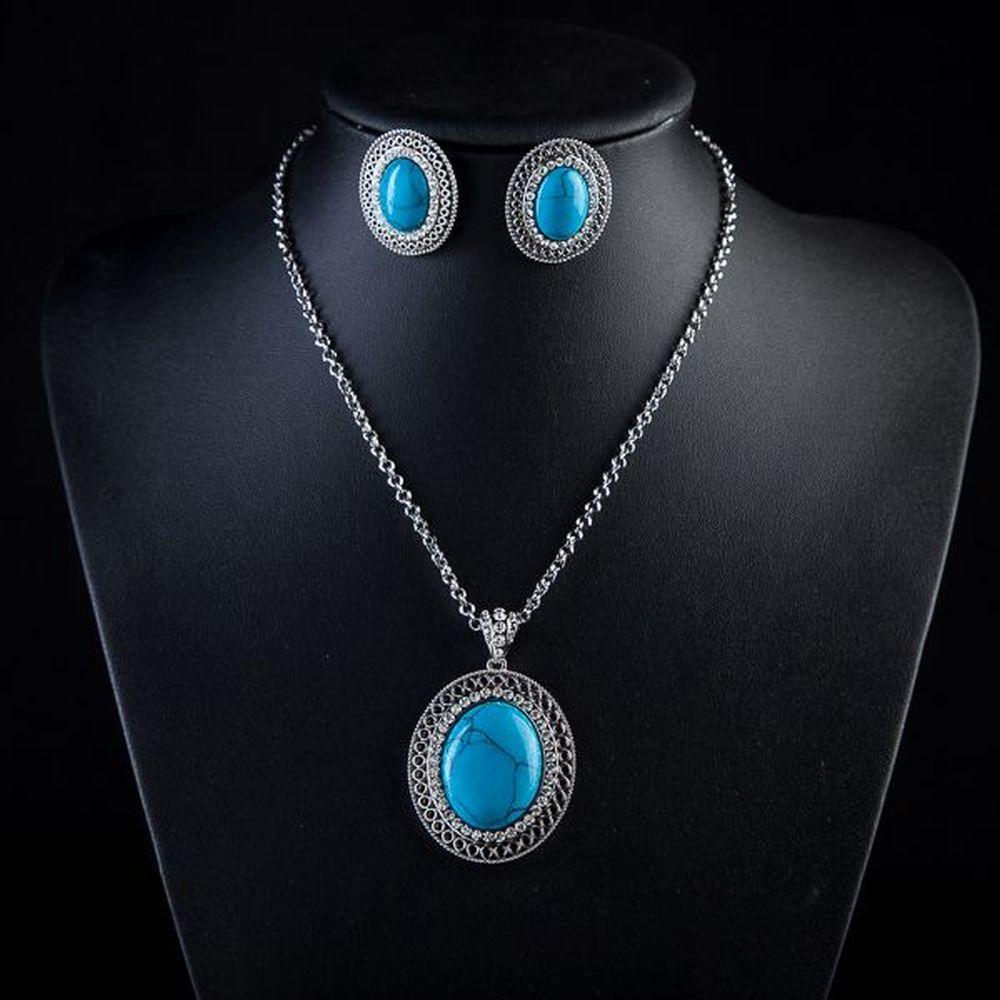 Lime Blue Round Turquoise Ellipse Pendant Necklace + Stud Earring Set - KHAISTA Fashion Jewellery