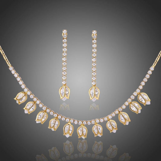 Lotus Necklace and Dangle Earrings Jewelry Set With High Level CZ Rhinestones - KHAISTA Fashion Jewellery