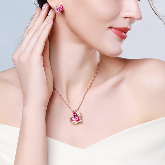 Magenta Crystal Heart Pendant Jewellery Set - KHAISTA Fashion Jewellery