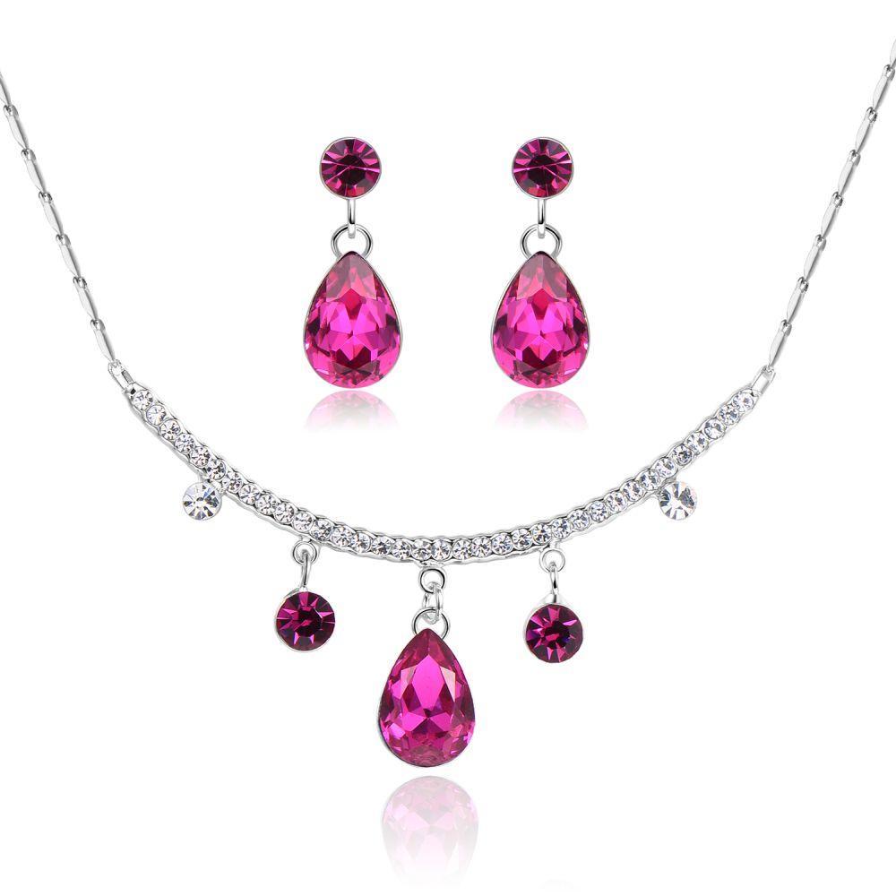 Magenta Pearl Necklace and Drop Earring Crystal White Gold Jewellery Set - KHAISTA Fashion Jewellery