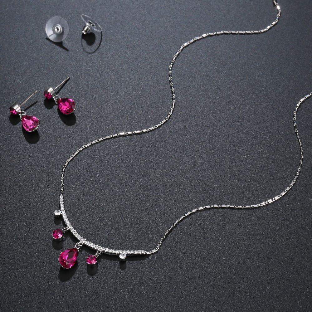 Magenta Pearl Necklace and Drop Earring Crystal White Gold Jewellery Set - KHAISTA Fashion Jewellery