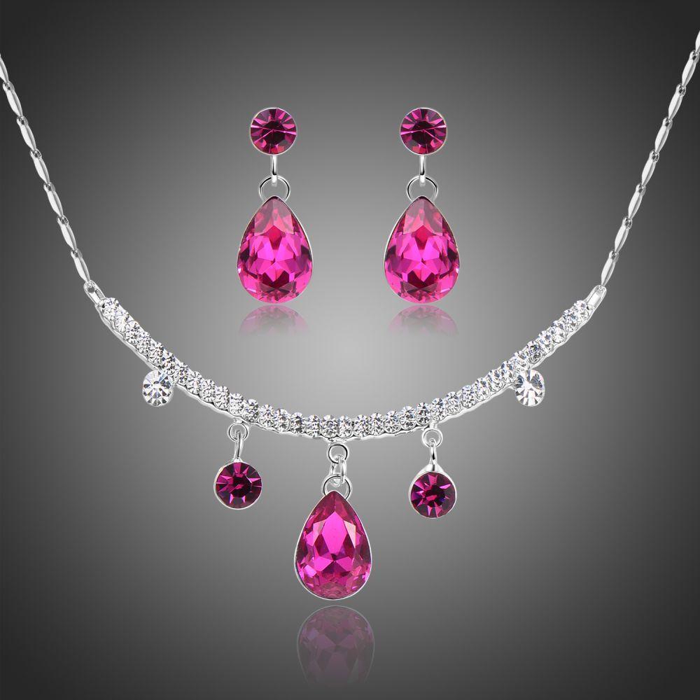 Magenta Pearl Necklace and Drop Earring Crystal White Gold Jewellery Set - KHAISTA Fashion Jewellery