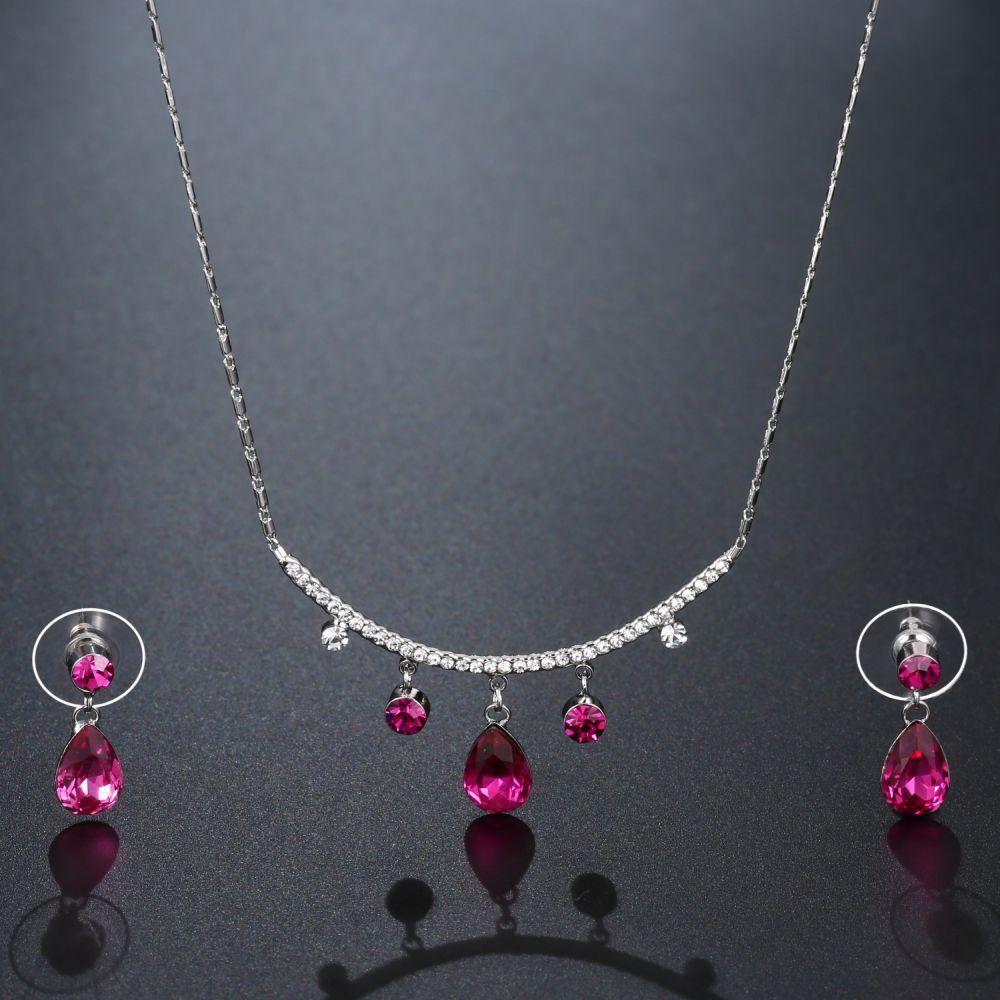 Magenta Pearl Necklace and Drop Earring Crystal White Gold Jewellery Set - KHAISTA Fashion Jewellery