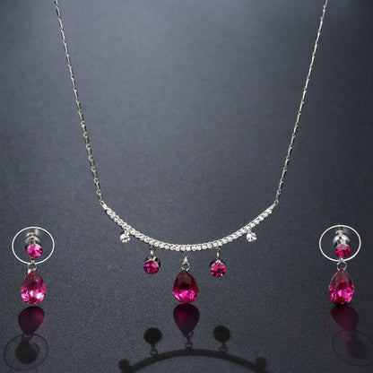 Magenta Pearl Necklace and Drop Earring Crystal White Gold Jewellery Set - KHAISTA Fashion Jewellery