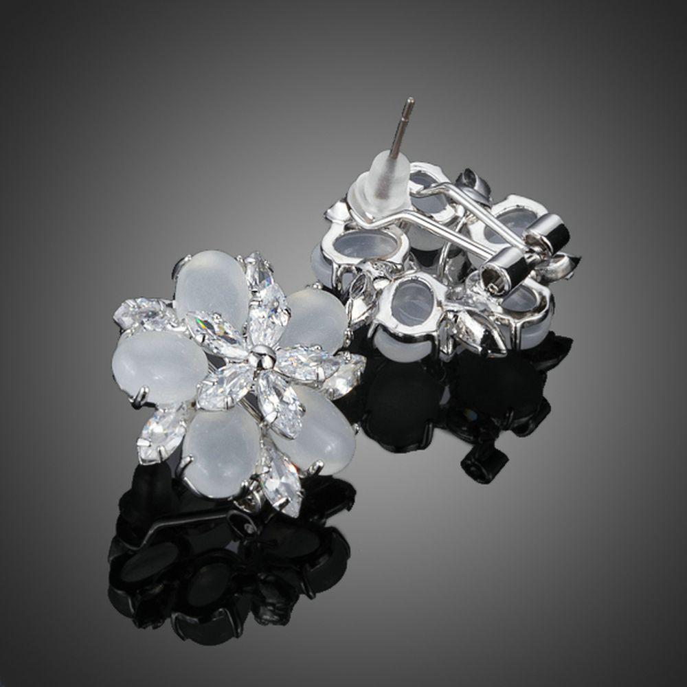 Milky White Cubic Zirconia Flower Clip Earrings - KHAISTA Fashion Jewellery