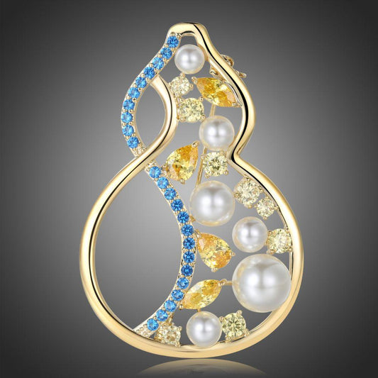 Multicolor Cubic Zirconia Gourd Brooch Pearl Pin - KHAISTA Fashion Jewellery