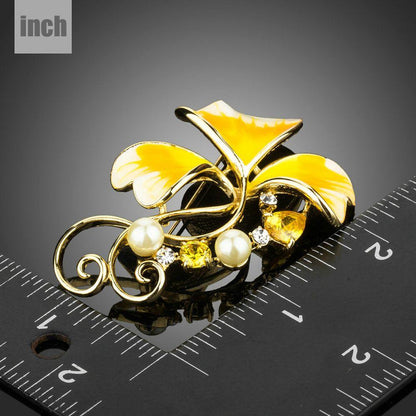 Oil Painting Leaf Pattern Yellow Flower Brooch Pin - KHAISTA Fashion Jewellery