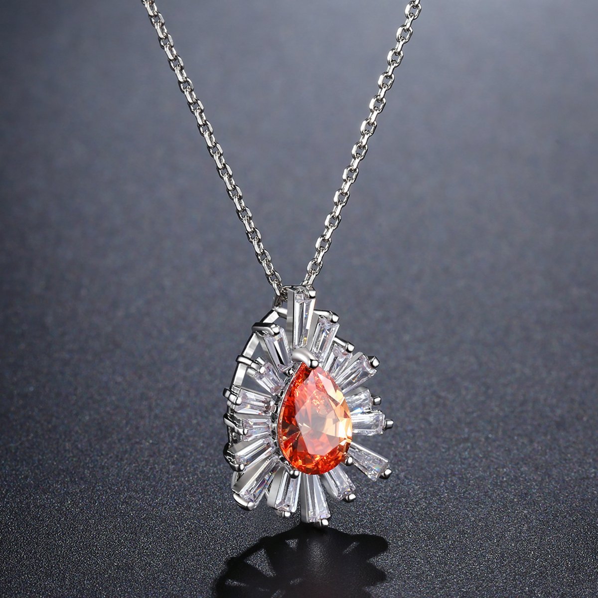 Orange Cubic Zirconia Chain Pendant Necklace KPN0240 - KHAISTA Fashion Jewellery