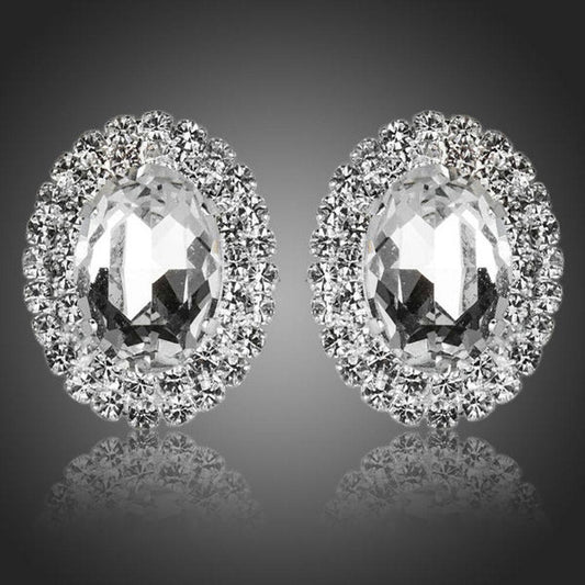 Oval Thick Silver Cubic Zirconia Stud Earrings - KHAISTA Fashion Jewellery