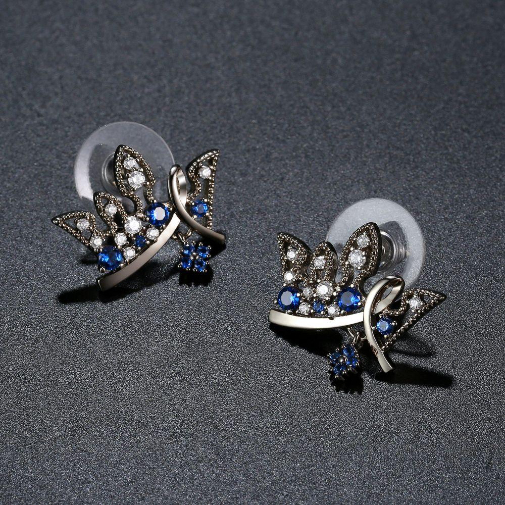 Paved Blue Cubic Zirconia Crown Stud Earrings -KFJE0419 - KHAISTA4