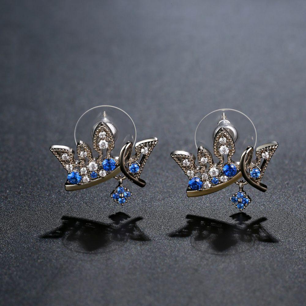 Paved Blue Cubic Zirconia Crown Stud Earrings -KFJE0419 - KHAISTA3