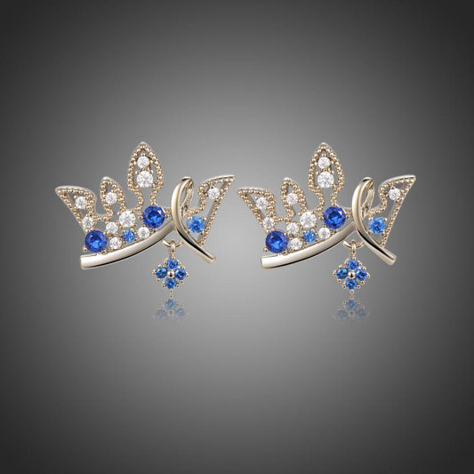 Paved Blue Cubic Zirconia Crown Stud Earrings -KFJE0419 - KHAISTA1