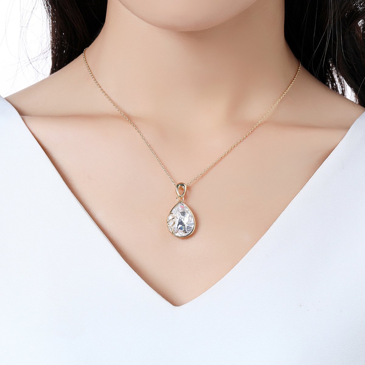 Pear Cut Long Chain Pendant Necklace KPN0241 - KHAISTA Fashion Jewellery