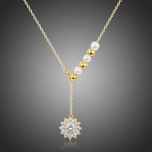 Pearl Necklace With Sunflower Shape Pendant KPN0255 - KHAISTA Fashion Jewellery