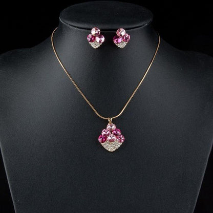 Pink Leaf Clover Litchi Stellux Austrian Crystal Earrings and Necklace Set - KHAISTA Fashion Jewellery