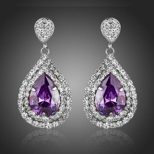 Purple Cubic Zirconia Crystal Drop Earrings - KHAISTA Fashion Jewellery