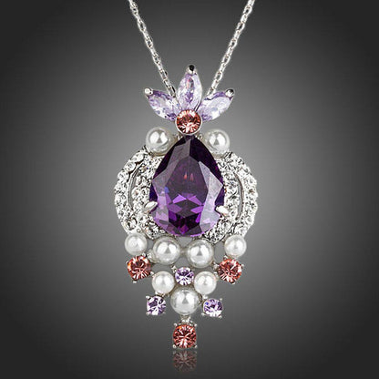 Purple Cubic Zirconia Imitation Pearl Necklace KPN0132 - KHAISTA Fashion Jewellery