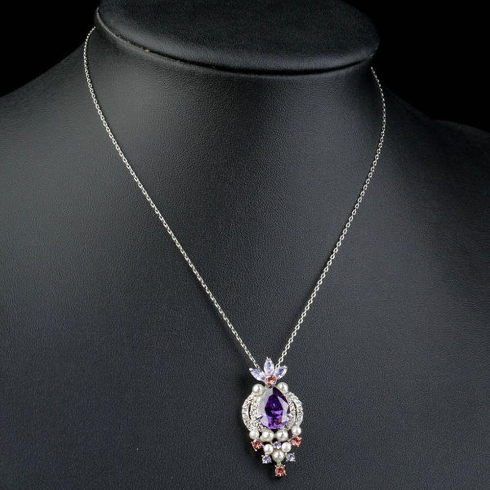 Purple Cubic Zirconia Imitation Pearl Necklace KPN0132 - KHAISTA Fashion Jewellery