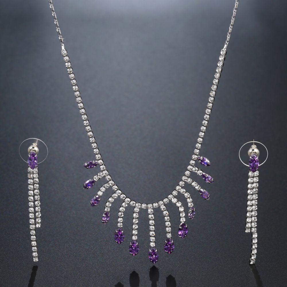 Purple Cubic Zirconia Long Tassel Statement Necklace Earrings Set - KHAISTA Fashion Jewellery