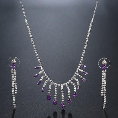 Purple Cubic Zirconia Long Tassel Statement Necklace Earrings Set - KHAISTA Fashion Jewellery