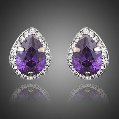 Purple Cubic Zirconia Pear Shaped Stud Earrings - KHAISTA Fashion Jewellery