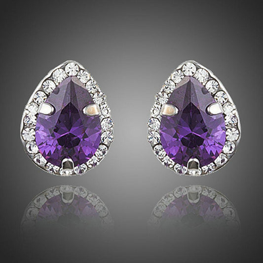 Purple Cubic Zirconia Pear Shaped Stud Earrings - KHAISTA Fashion Jewellery