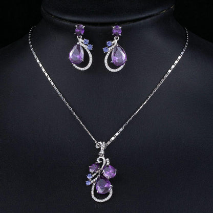 Purple Cubic Zirconia Water Drop Earrings and Necklace Jewelry Set - KHAISTA Fashion Jewellery