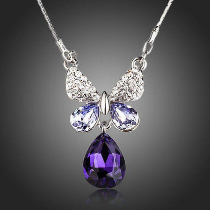 Purple Water Drop Butterfly Pendant Necklace - KHAISTA Fashion Jewellery