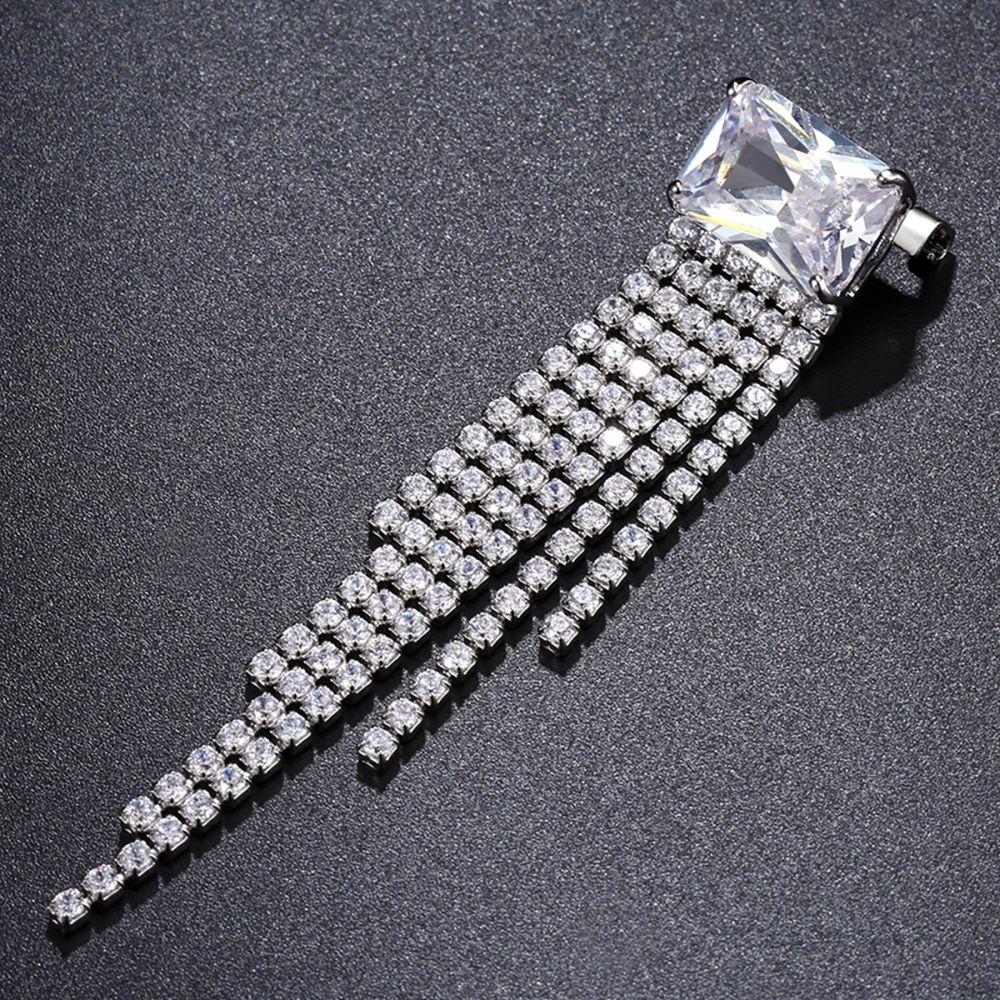 Rectangle Clear Cubic Zirconia Stone Tassel Brooch Pin - KHAISTA Fashion Jewellery