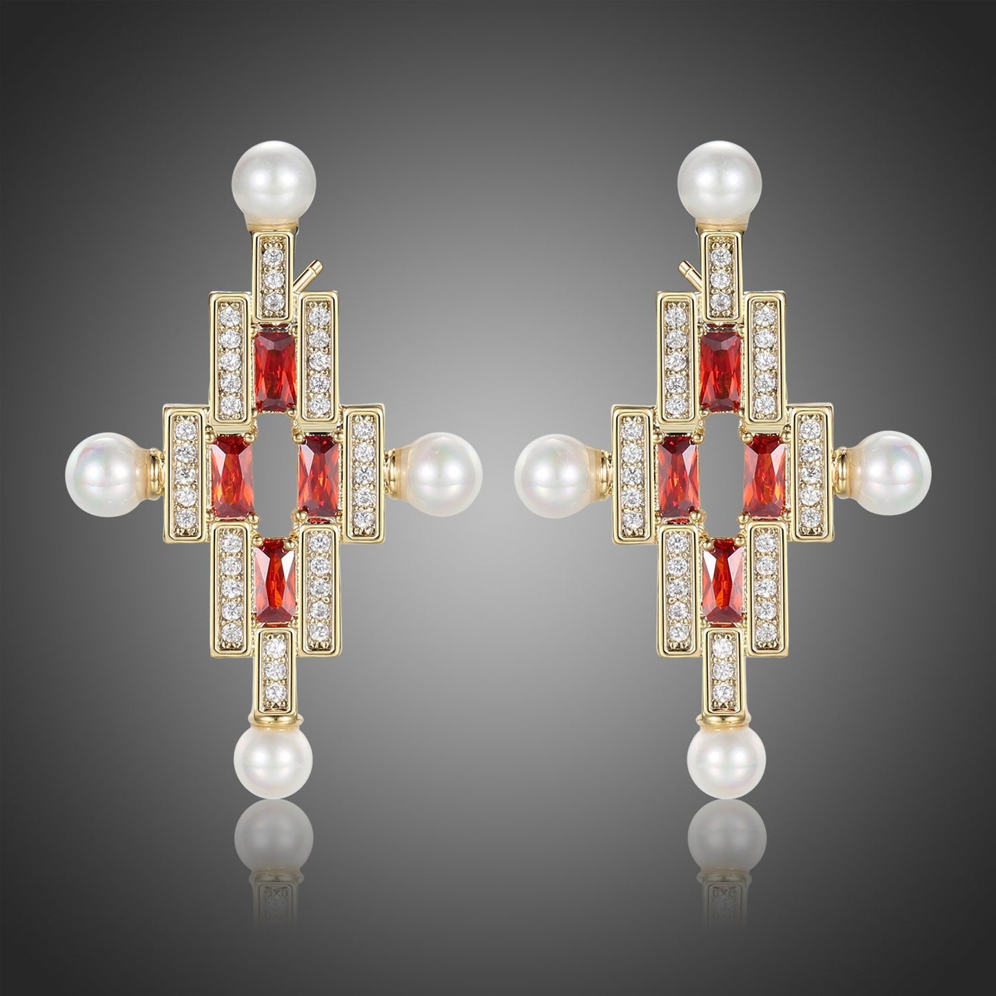 Red Cross Pearl Stud Earrings -KPE0387 - KHAISTA Fashion Jewellery