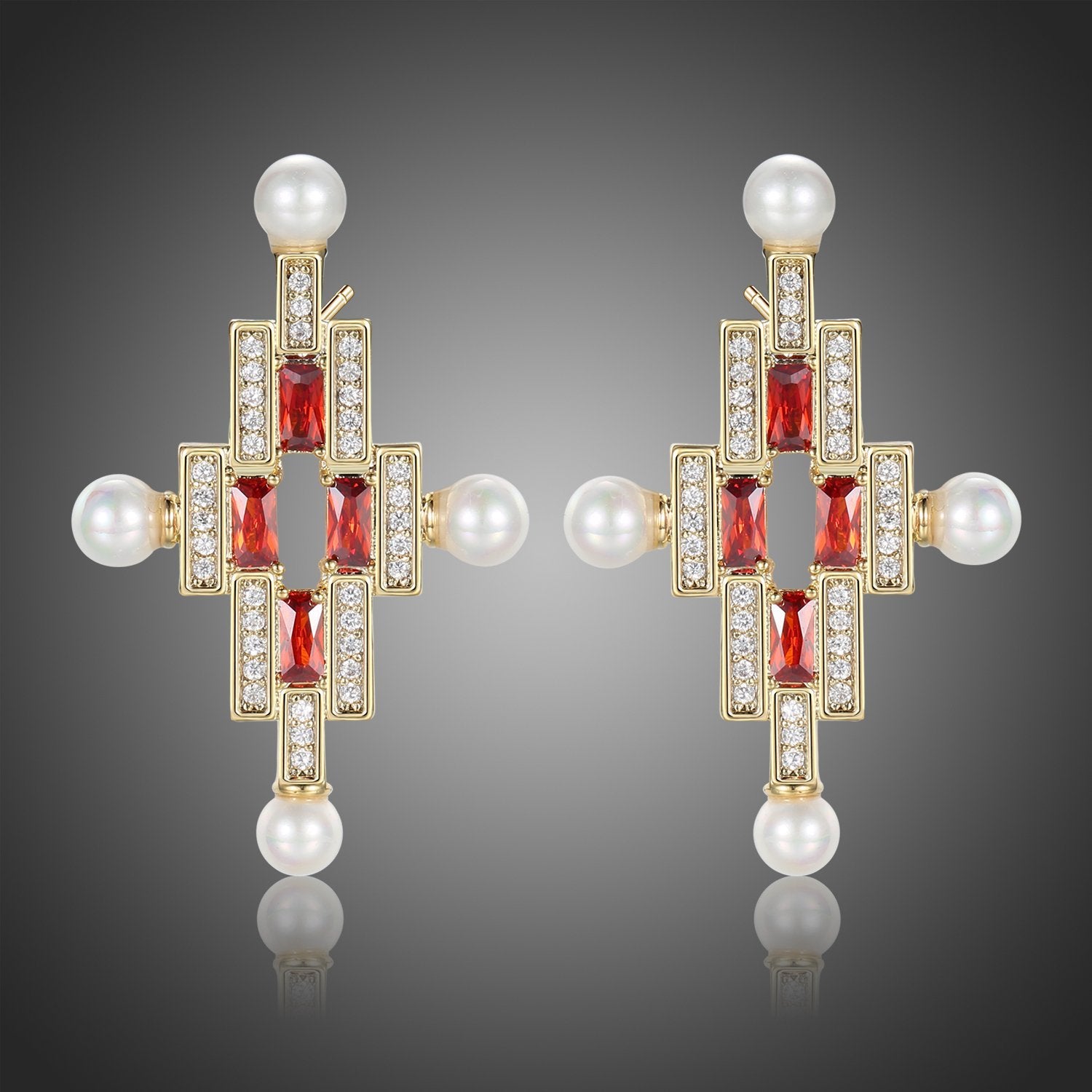 Red Cross Pearl Stud Earrings -KPE0387 - KHAISTA Fashion Jewellery