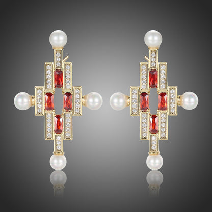 Red Cross Pearl Stud Earrings -KPE0387 - KHAISTA Fashion Jewellery